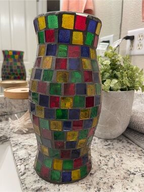 Multicolor Mosaic Glass Candle Holder - Tiled Square Design